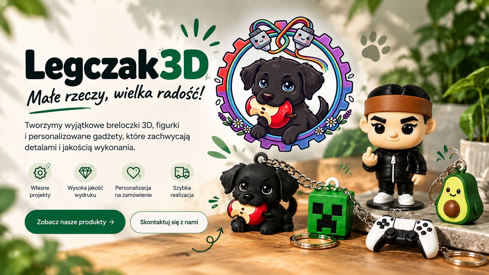 Czarne figurki psów, firmowe logo Legczak3D i przedmioty kolekcjonerskie na drewnianym stole wśród zielonych roślin